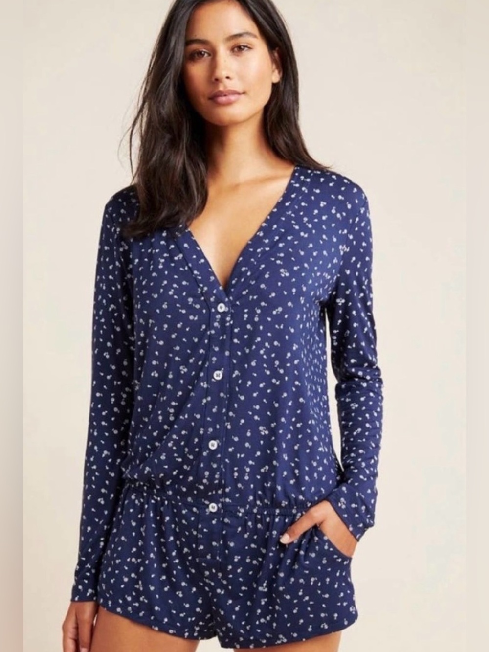 Eberjey Bloom Long Sleeve Navy Romper Size M